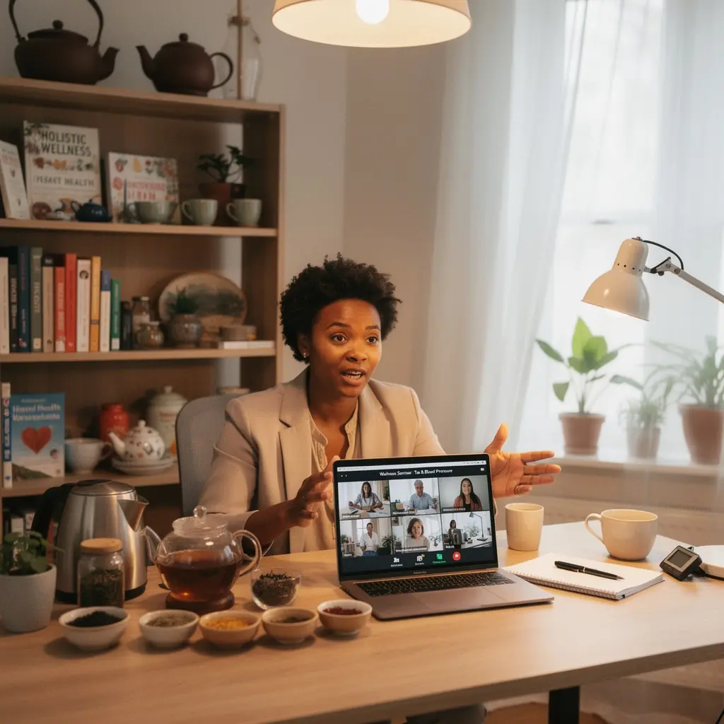 Egy csésze gyümölcstea, mellette friss gyümölcsök és gyógynövények.