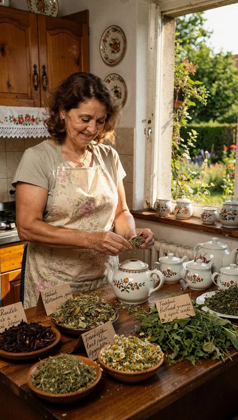 Csésze gőzölgő teával, háttérben zöld növények.